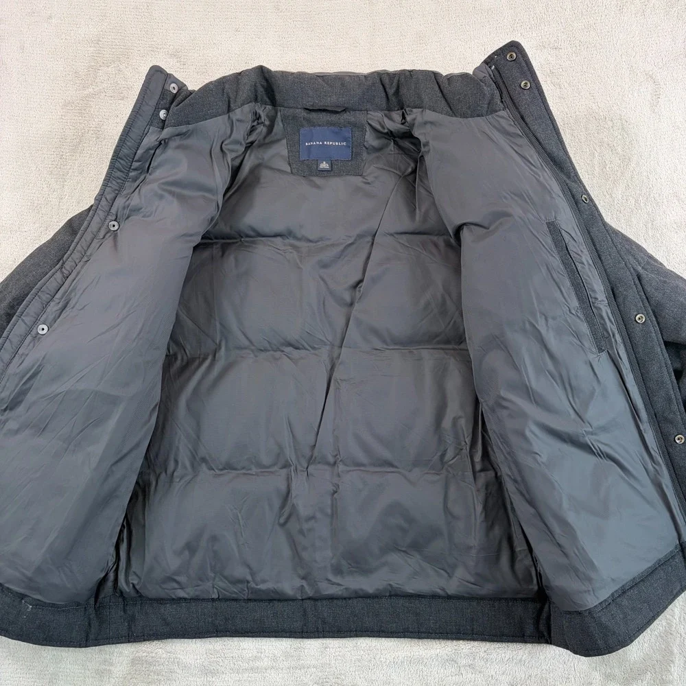 Banana Republic Down Puffer Jacket‎ Men Small Grey Wool Blend Hidden Hood Zip Up